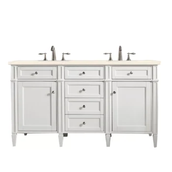 Brittany 60" Double Vanity, Bright White Vanity w/ 3 CM Eternal Marfil Quartz Top