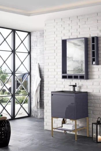 Milan 23.6" Single Vanity, Modern Gray Glossy, Radiant Gold w/ Charcoal Black Composite Stone Top - Image 3