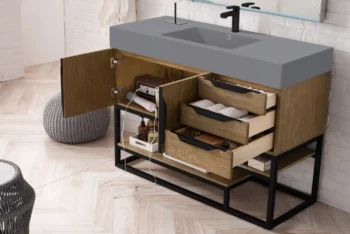 Columbia 48" Single Vanity, Latte Oak, Matte Black w/ Dusk Grey Glossy Composite Stone Top - Image 4