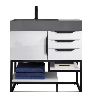 Columbia 36″ Single Vanity, Glossy White, Matte Black w/ Dusk Grey Glossy Composite Stone Top