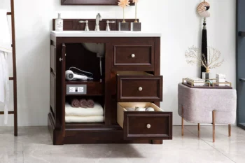 De Soto 36" Single Vanity, Burnished Mahogany w/ 3 CM White Zeus Quartz Top - Image 4