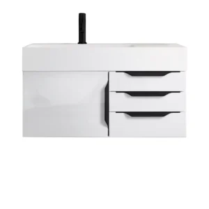 Mercer Island 36″ Single Vanity, Glossy White, Matte Black w/ Glossy White Composite Stone Top