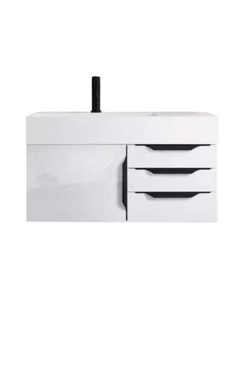 Mercer Island 36" Single Vanity, Glossy White, Matte Black w/ Glossy White Composite Stone Top