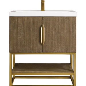 Columbia 31.5″ Single Vanity, Latte Oak, Radiant Gold, w/ White Glossy Composite Stone Top