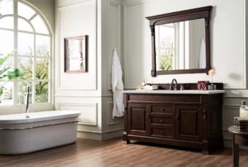 Brookfield 60" Single Vanity, Burnished Mahogany w/ 3 CM Eternal Jasmine Pearl Quartz Top - Image 3