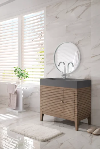Linear 36" Single Vanity, Whitewashed Walnut w/ Dusk Grey Glossy Composite Stone Top - Image 2