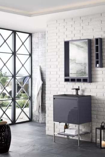 Milan 23.6" Single Vanity, Modern Gray Glossy, Brushed Nickel w/ Charcoal Black Composite Stone Top - Image 3