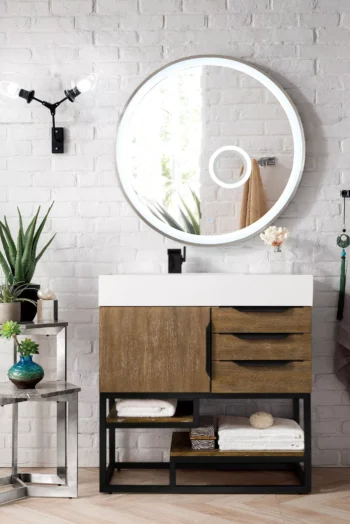 Columbia 36" Single Vanity, Latte Oak, Matte Black w/ Glossy White Composite Stone Top - Image 2