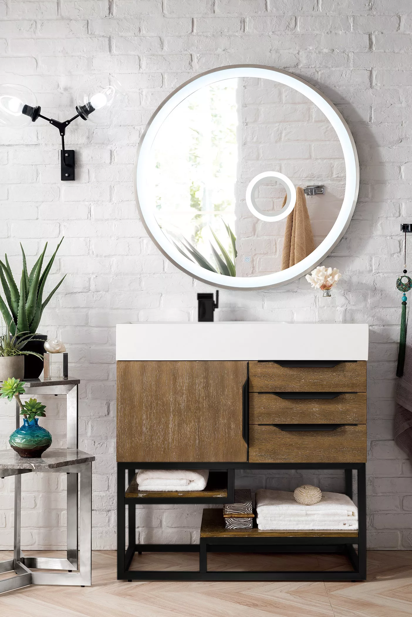 Columbia 36" Single Vanity, Latte Oak, Matte Black w/ Glossy White Composite Stone Top - Image 2