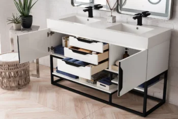 Columbia 59" Double Vanity, Glossy White, Matte Black w/ Glossy White Composite Stone Top - Image 4