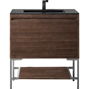 Mantova 31.5″ Single Vanity, Mid-Century Walnut, Brushed Nickel Base w/ Charcoal Black Composite Stone Top