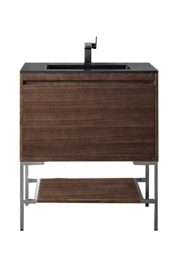 Mantova 31.5" Single Vanity, Mid-Century Walnut, Brushed Nickel Base w/ Charcoal Black Composite Stone Top