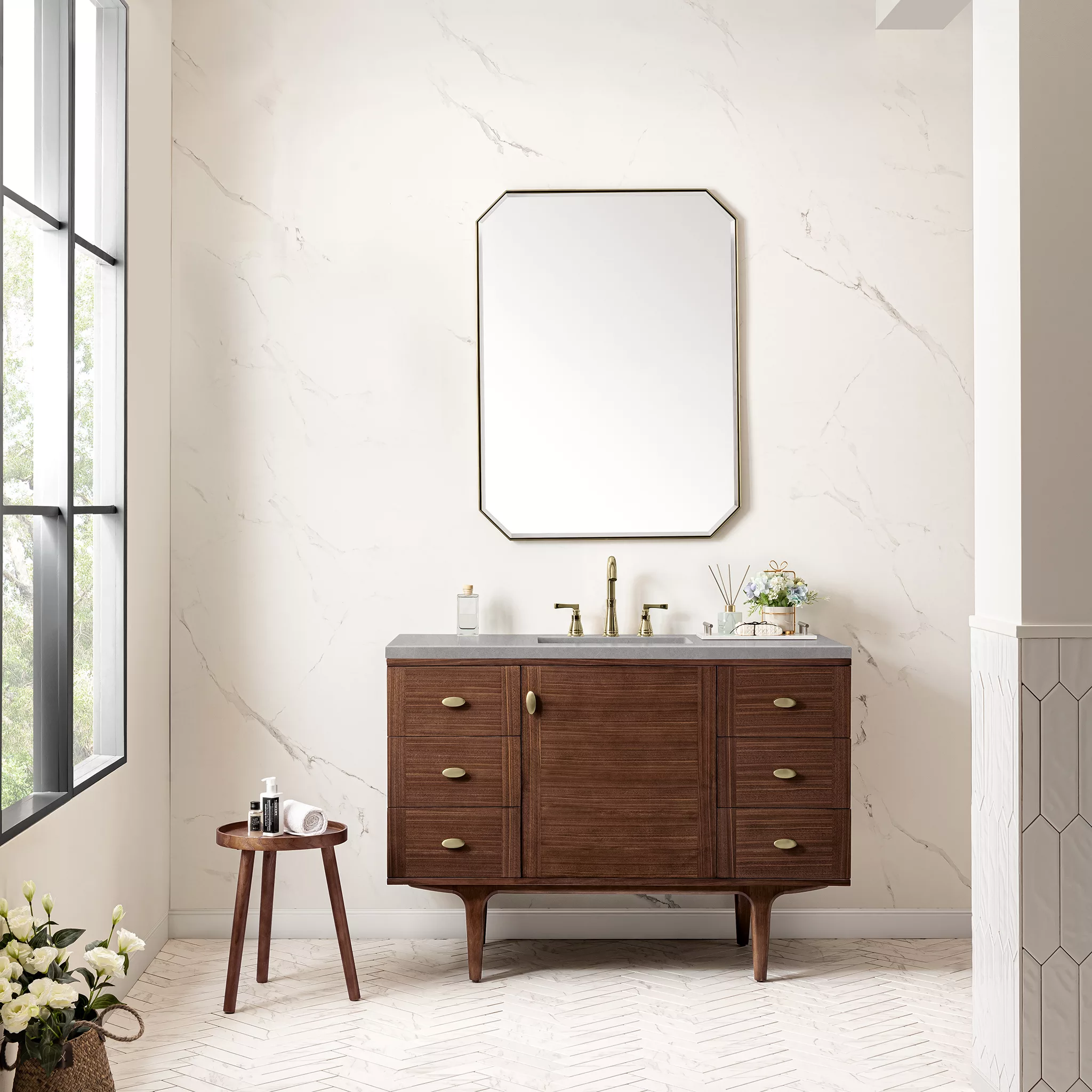 Amberly 48" Single Vanity, Mid-Century Walnut w/ 3 CM Eternal Serena Top - Image 3