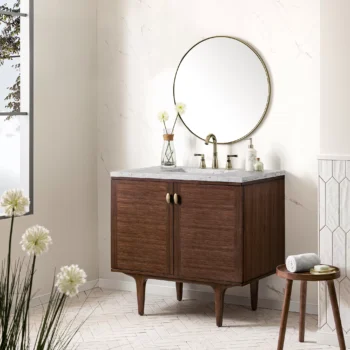 Amberly 36" Single Vanity, Mid-Century Walnut w/ 3 CM Eternal Jasmine Pearl Top - Image 5