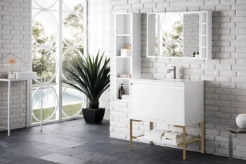 Milan 31.5" Single Vanity, Glossy White, Radiant Gold w/ Glossy White Composite Stone Top - Image 3