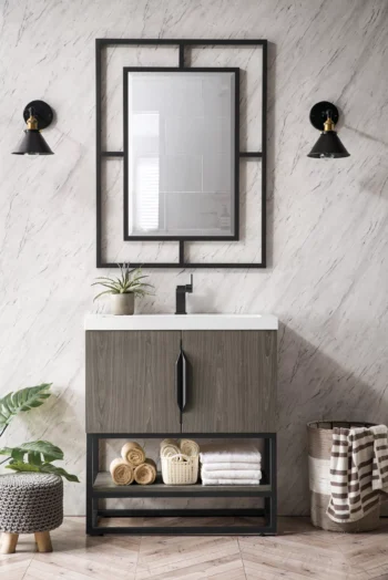 Columbia 31.5" Single Vanity, Ash Gray, Matte Black, w/ White Glossy Composite Stone Top - Image 2