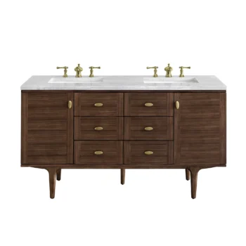 Amberly 60" Double Vanity, Mid-Century Walnut w/ 3 CM Arctic Fall Top