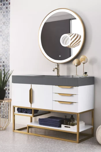 Columbia 48" Single Vanity, Glossy White, Radiant Gold w/ Dusk Grey Glossy Composite Stone Top - Image 2