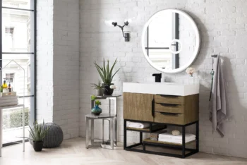 Columbia 36" Single Vanity, Latte Oak, Matte Black w/ Glossy White Composite Stone Top - Image 3