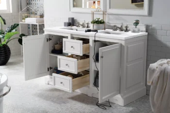 De Soto 60" Double Vanity, Bright White w/ 3 CM Arctic Fall Solid Surface Top - Image 4