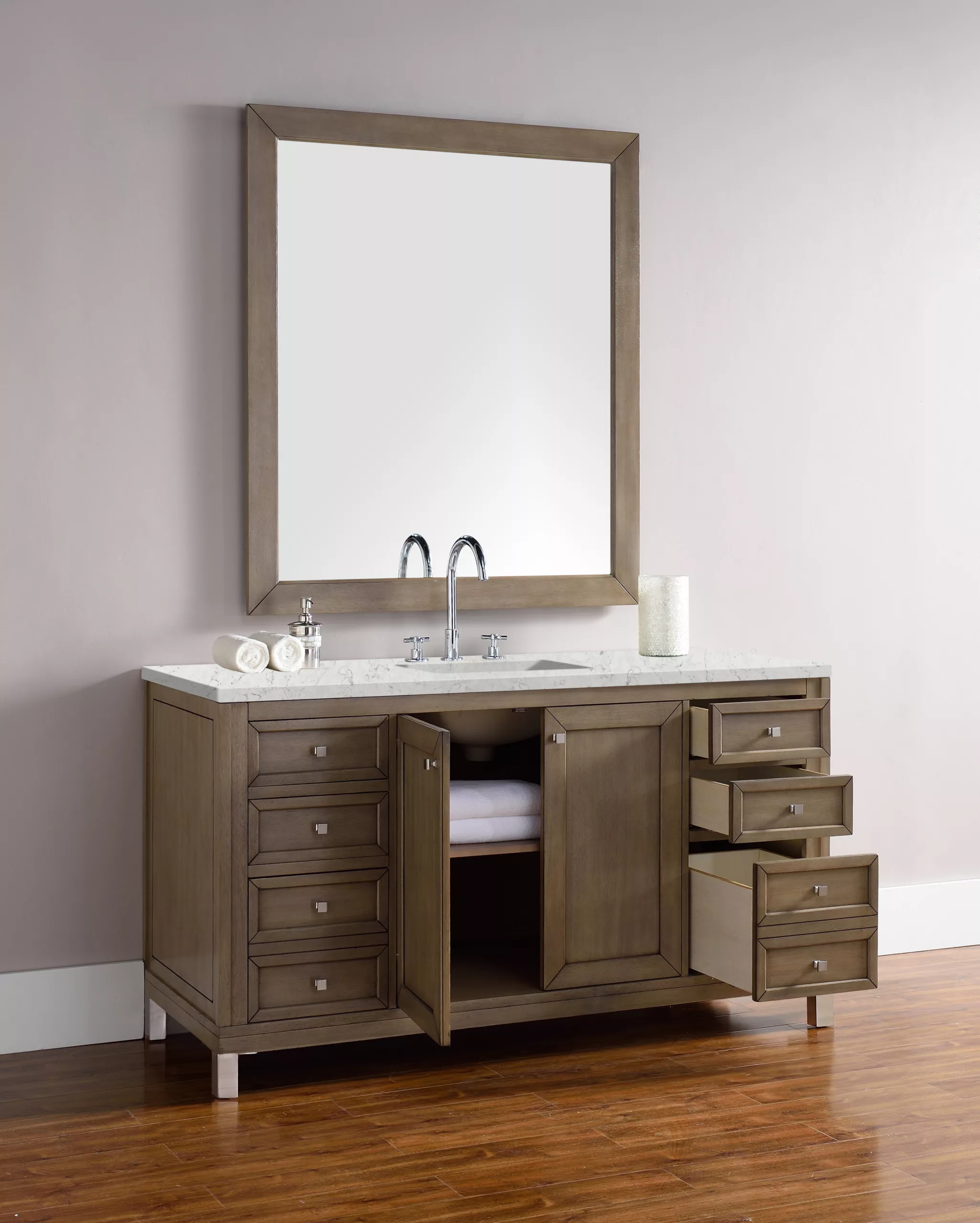 Chicago 60" Single Vanity, Whitewashed Walnut w/ 3 CM Eternal Jasmine Pearl Quartz Top - Image 6
