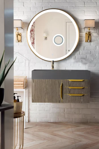 Mercer Island 36" Single Vanity, Ash Gray, Radiant Gold w/ Dusk Grey Glossy Composite Stone Top - Image 2