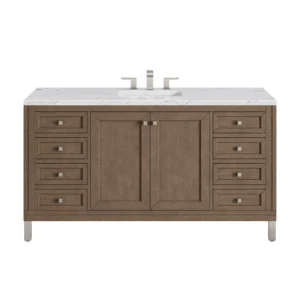 Chicago 60″ Single Vanity, Whitewashed Walnut w/ 3 CM Ethereal Noctis Quartz Top