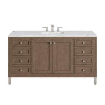 Chicago 60" Single Vanity, Whitewashed Walnut w/ 3 CM Ethereal Noctis Quartz Top