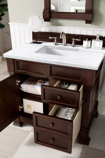 Brookfield 36" Single Vanity, Burnished Mahogany w/ 3 CM Arctic Fall Solid Surface Top - Image 4