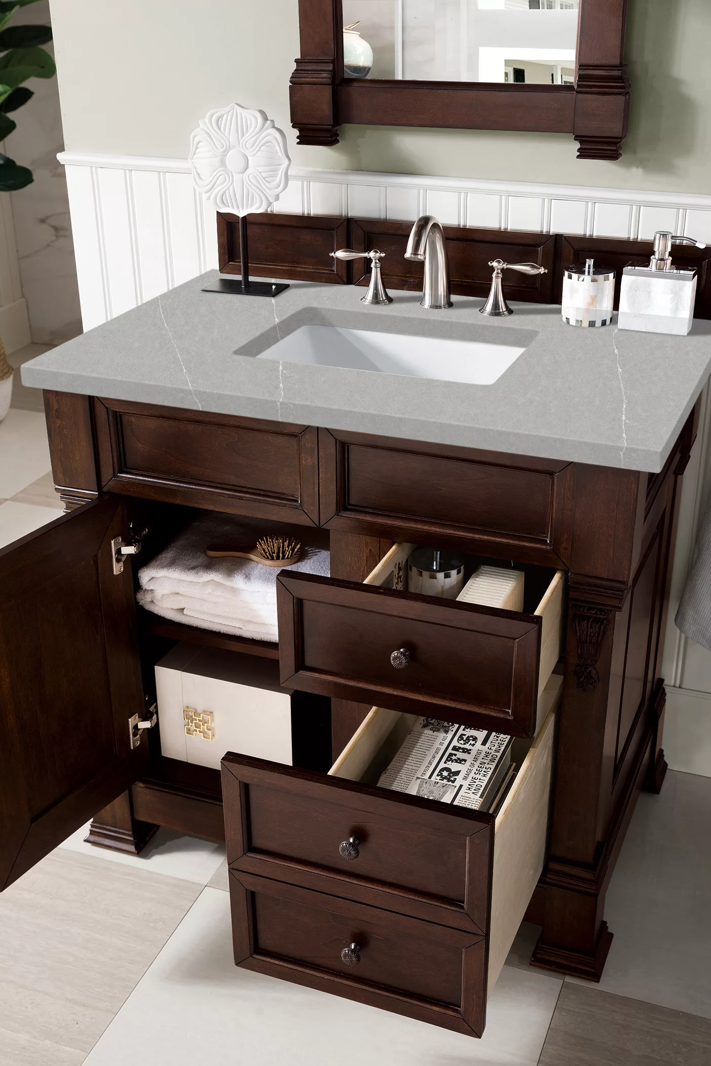 Brookfield 36" Single Vanity, Burnished Mahogany w/ 3 CM Eternal Serena Quartz Top - Image 4