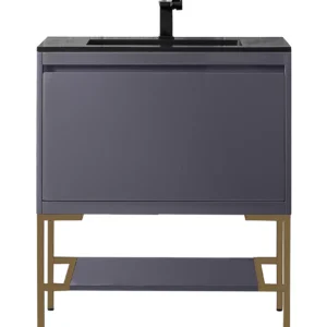 Milan 31.5″ Single Vanity, Modern Gray Glossy, Radiant Gold w/ Charcoal Black Composite Stone Top