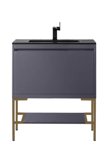Milan 31.5" Single Vanity, Modern Gray Glossy, Radiant Gold w/ Charcoal Black Composite Stone Top