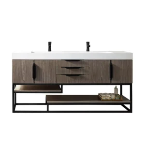 Columbia 72″ Double Vanity, Ash Gray, Matte Black w/ Glossy White Composite Stone Top
