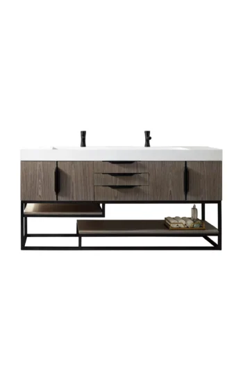 Columbia 72" Double Vanity, Ash Gray, Matte Black w/ Glossy White Composite Stone Top