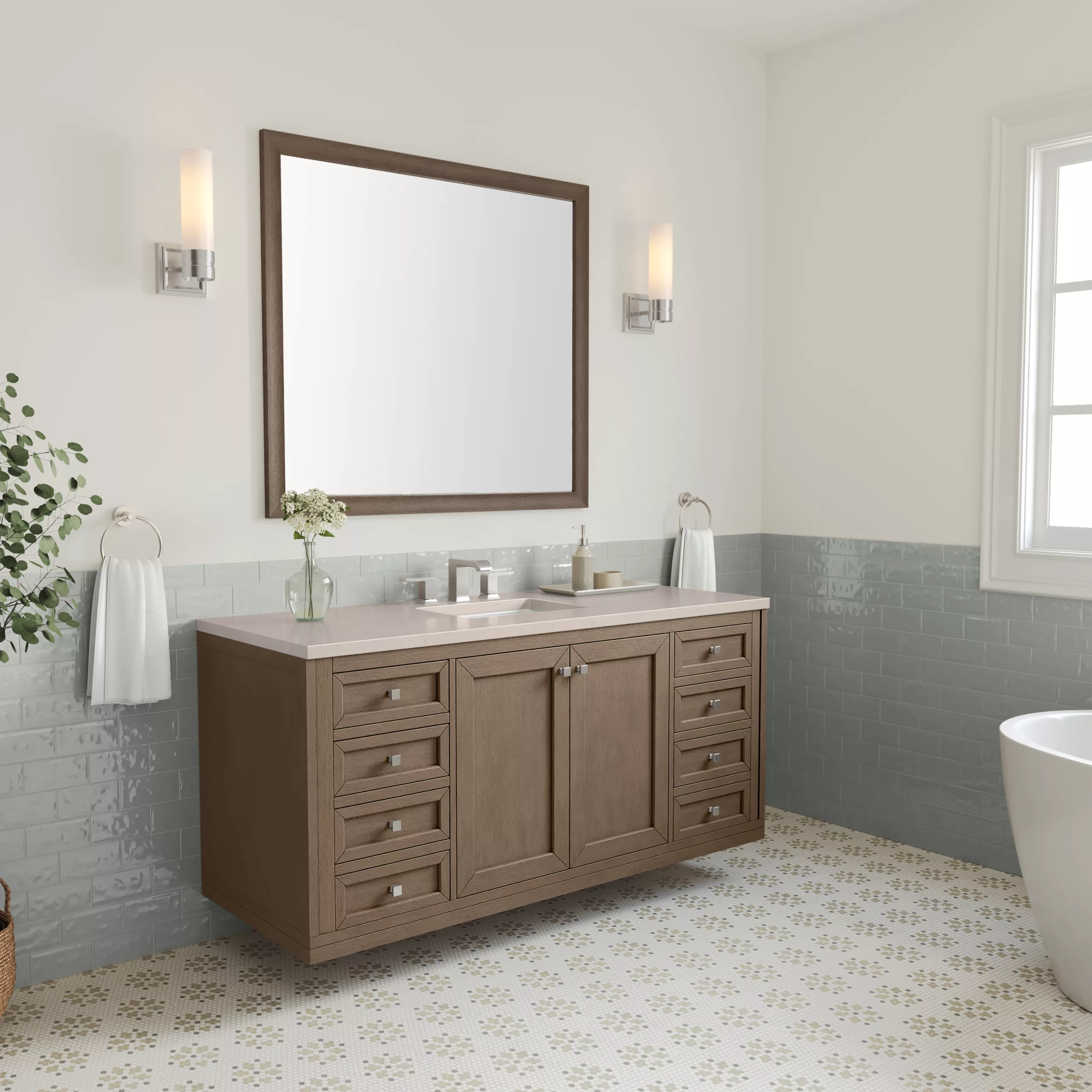 Chicago 60" Single Vanity, Whitewashed Walnut w/ 3 CM Eternal Marfil Quartz Top - Image 4