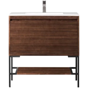 Mantova 35.4″ Single Vanity, Mid-Century Walnut, Matte Black Base w/ Glossy White Composite Stone Top