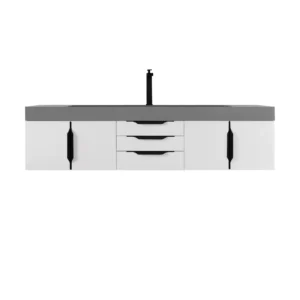 Mercer Island 72″ Single Vanity, Glossy White, Matte Black w/ Dusk Grey Glossy Composite Stone Top