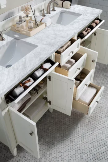 Brittany 72" Double Vanity, Bright White Vanity w/ 3 CM Carrara Marble Top - Image 4