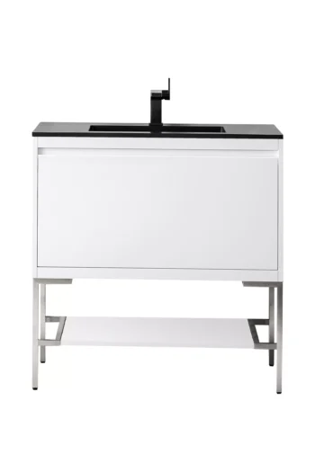 Mantova 35.4" Single Vanity, Glossy White, Brushed Nickel Base w/ Charcoal Black Composite Stone Top