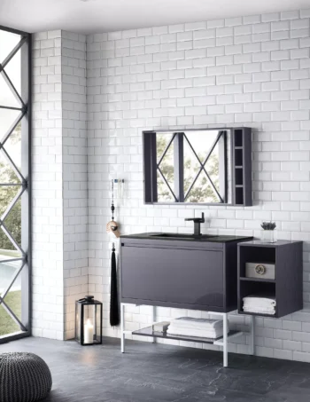 Milan 35.4" Single Vanity, Modern Gray Glossy, Glossy White w/ Charcoal Black Composite Stone Top - Image 3