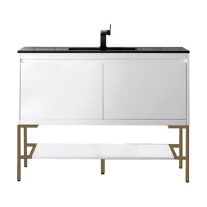Milan 47.3″ Single Vanity, Glossy White, Radiant Gold w/ Charcoal Black Composite Stone Top
