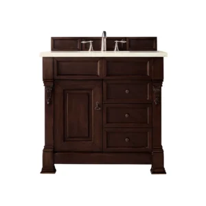Brookfield 36″ Single Vanity, Burnished Mahogany w/ 3 CM Eternal Marfil Quartz Top