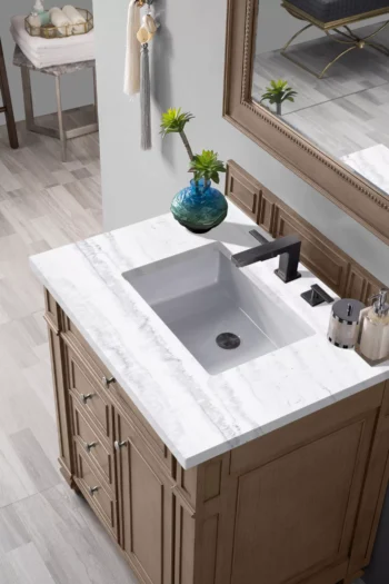 Bristol 30" Single Vanity, Whitewashed Walnut w/ 3 CM Arctic Fall Solid Surface Top - Image 3
