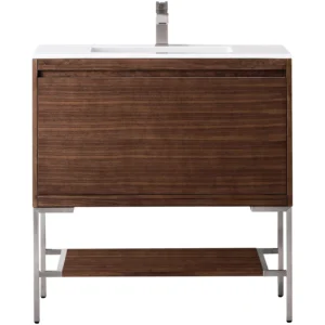 Mantova 35.4″ Single Vanity, Mid-Century Walnut, Brushed Nickel Base w/ Glossy White Composite Stone Top