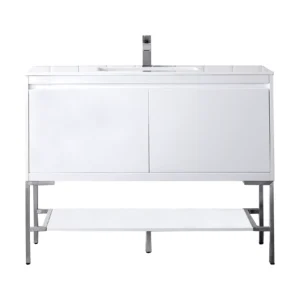 Milan 47.3″ Single Vanity, Glossy White, Brushed Nickel w/ Glossy White Composite Stone Top