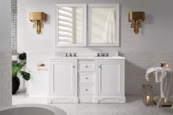 De Soto 60" Double Vanity, Bright White w/ 3 CM Eternal Jasmine Pearl Quartz Top - Image 2