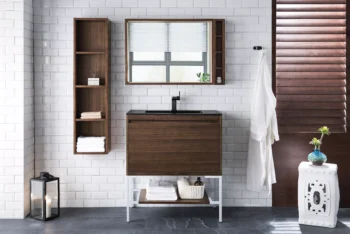 Milan 31.5" Single Vanity, Mid-Century Walnut, Glossy White w/ Charcoal Black Composite Stone Top - Image 2