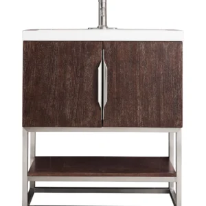 Columbia 31.5″ Single Vanity, Coffee Oak, Brushed Nickel, w/ Glossy White Composite Stone Top