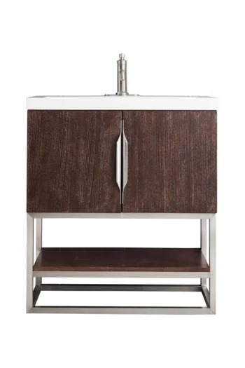 Columbia 31.5" Single Vanity, Coffee Oak, Brushed Nickel, w/ Glossy White Composite Stone Top