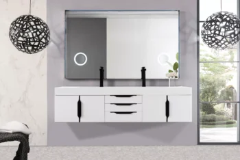 Mercer Island 72" Double Vanity, Glossy White, Matte Black w/ Glossy White Composite Stone Top - Image 2